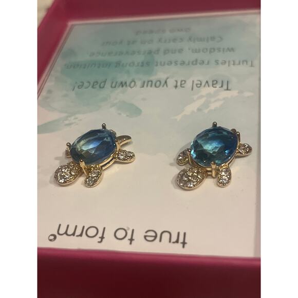 True To Form Gold tone Green Blue Prism Pave Crystal Turtle Earrings - Picture 2 of 7